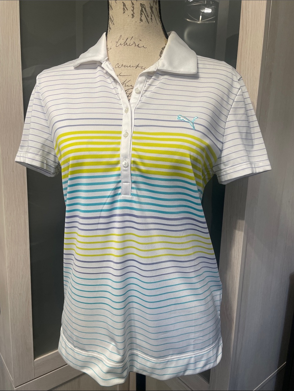 Puma White Polo with Yellow and Aqua Stripes